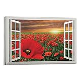 Poppy Field Wall Sticker Sunset 3D Window View Effect Wall Mural Vinyl Decal Sticker Poster Decorati