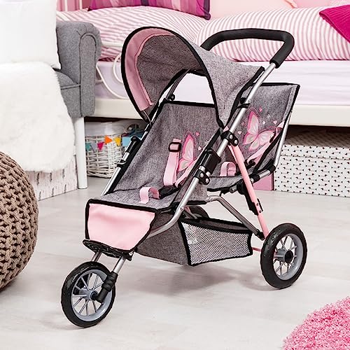 Bayer Design Dolls Twin 3 Wheel Jogger, Grey, Pink by Bayer - Image 4