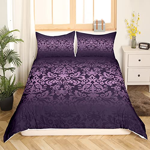 Homewish Damask Bedding Sets Double Size, Deep Purple Ombre Floral Duvet Cover Sets for Adults Women, Bohemian Paisley Damask Comforter Cover, Violet Victorian Baroque Bedding & Linen 3Pcs - Image 2