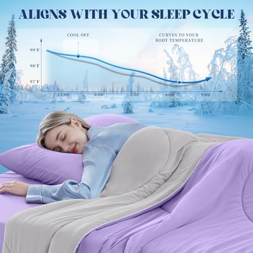 Image of Cooling Comforter King Size, Double-Sided Cooling Blanket for Hot Sleepers & Night Sweats, Arc-Chill Q-Max > 0.4 Breathable Ice Blanket, Lightweight Cold Comforter (108''x90'', Purple)