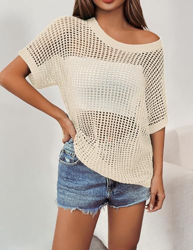 Zeagoo Spring Tops for Women Crew Neck Trendy Summer Sweater 2026 Beach Vacation Clothes Business Casual Outfits Beige - image 3