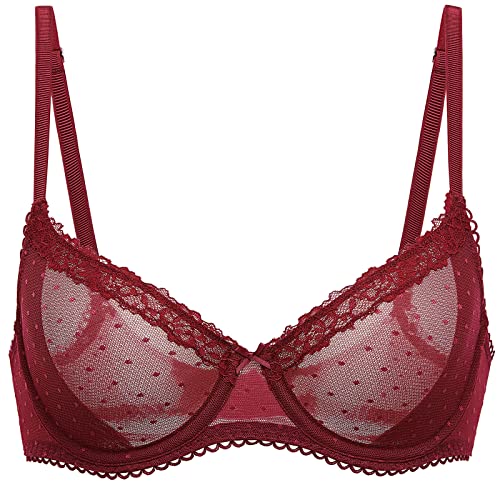 Image of DOBREVA Women's Sheer Mesh Demi Bra Underwire Balconette | Dotted Mesh, Lace Trim, See Through, Plus Size, Smooth, Soft