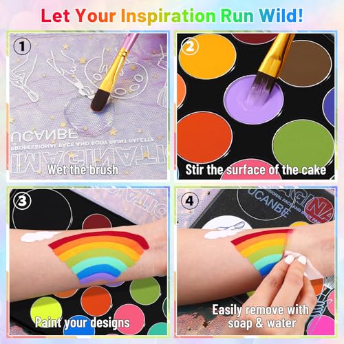 Image of UCANBE Face Body Paint 18 Colors, Water Based Face Painting Kit with Large White Black & Neon Glow UV Facepaint SFX Makeup Palette for Halloween Party Costume Cosplay & Stage Art Make Up