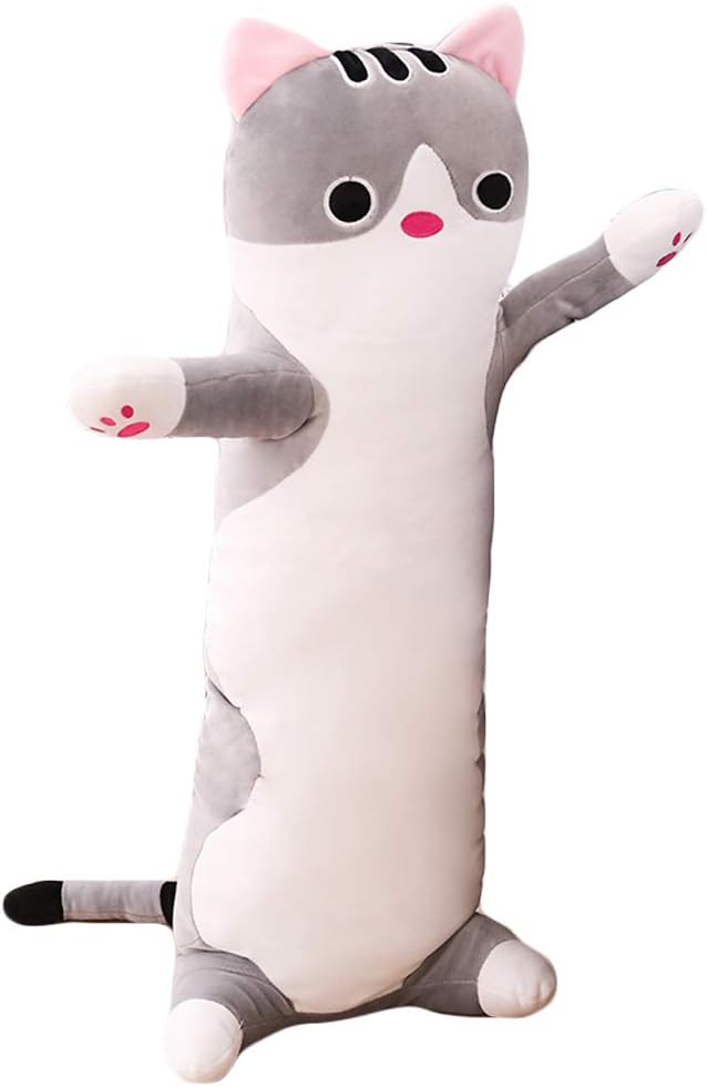 Jensquaify Cat Plush Hugging Pillow, Cat Stuffed Animals Soft Kitten Plush Long Body Pillow Toy Gifts for Kids (Gray, 27.55 inch)