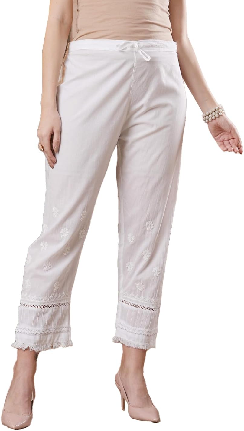 Ada Lucknow Chikankari Hand Embroidered White Cotton Palazzo Pant Culottes for Women A711180