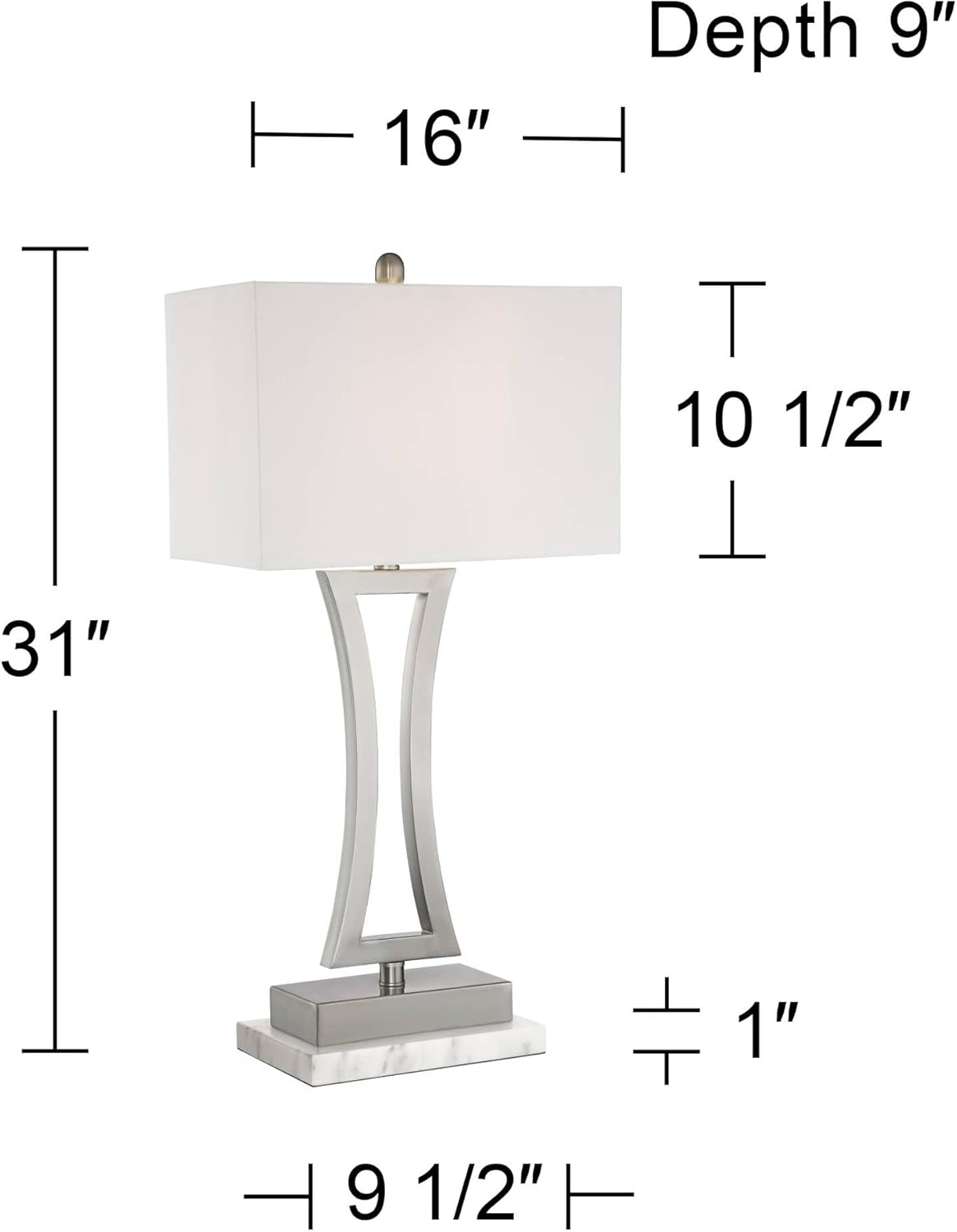 360 Lighting Roxie Modern Table Lamps with White Marble Risers 31" Tall Set of 2 Brushed Nickel Off-White Rectangular Fabric Shade for Bedroom Living Room Bedside Nightstand Home Office
