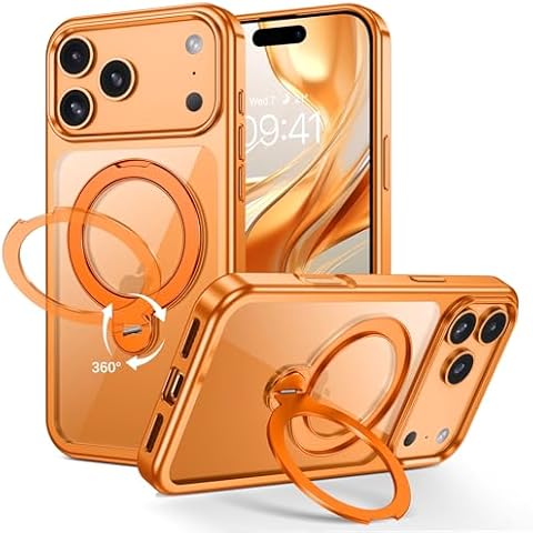 GUAGUA for iPhone 17 Pro Case with Stand, 360° Magnetic Rotatable Ring, Clear Back Plating Edge Invisible Ring Holder Slim Shockproof Protective Kickstand Phone Case for iPhone 17 Pro 6.3 inch, Orange Cover