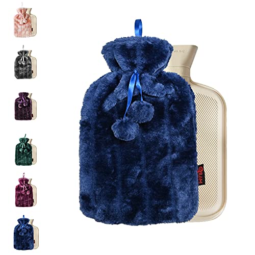 Ram® 2 Litre Cosy Navy Blue Luxury Hot Water Bottle with Faux Fur Cover and Pom Poms Blue