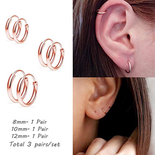 Silver Hoop Earrings- Cartilage Endless Small Hoop Earrings Set For Women Men Girls, 3 Pairs Of Hypoallergenic 925 Sterling Silver Tragus Earrings Nose Lip Rings (3 Pairs(8/10/12Mm)-Rose Gold) #TOP2