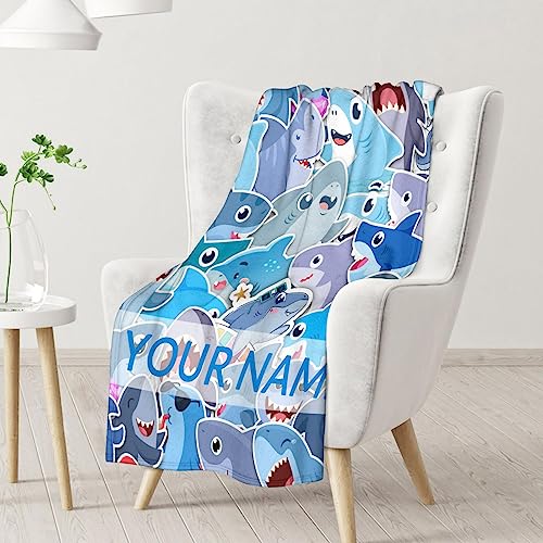 Personalized Shark Blanket Gifts with Name - 50"x60" Cute Throw Blanket for Kids & Adults - Blue Soft Fuzzy Blankets for Bed, Couch & Living Room