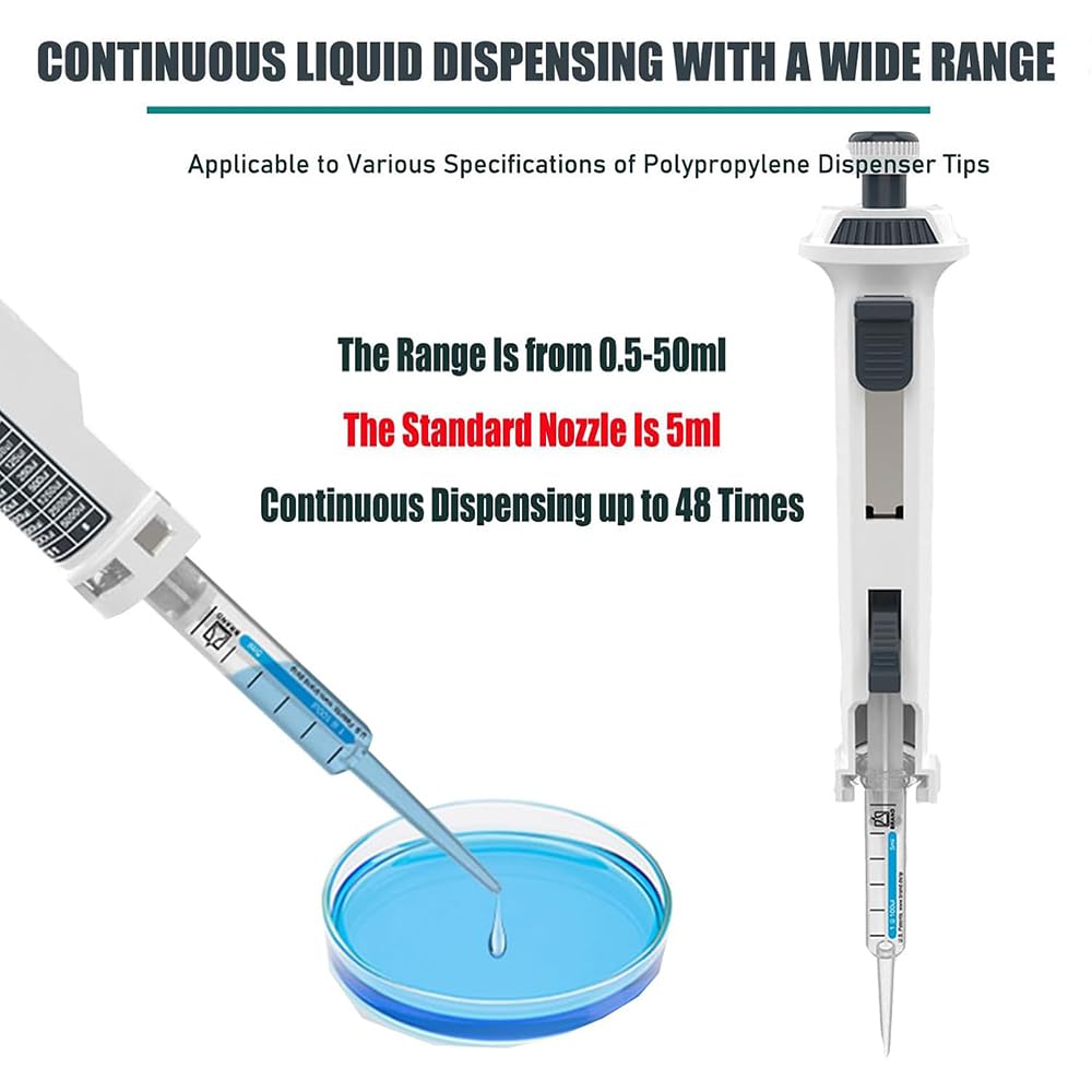 Pipettor jednokanałowy, bardzo dokładna mikropipeta laboratoryjna z końcówkami pipet 5 ml, pojemność 0,5 ml - 50 ml, ciągłe dozowanie do 48 razy, 5 biegów regulowanych, do badań naukowych