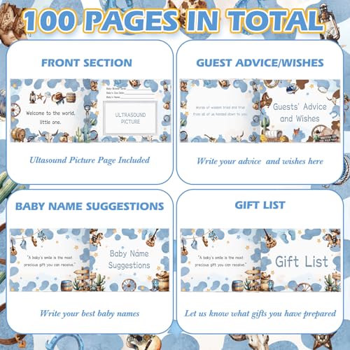 Image of Fuyoooo 27 Pcs Baby Shower Guest Book Baby Shower Sign in Guest Book Reception with Sonogram Page Keepsake Includes Gold Pen Table Card and Adhesive Photo Corner for Birthday(Western Cowboy)