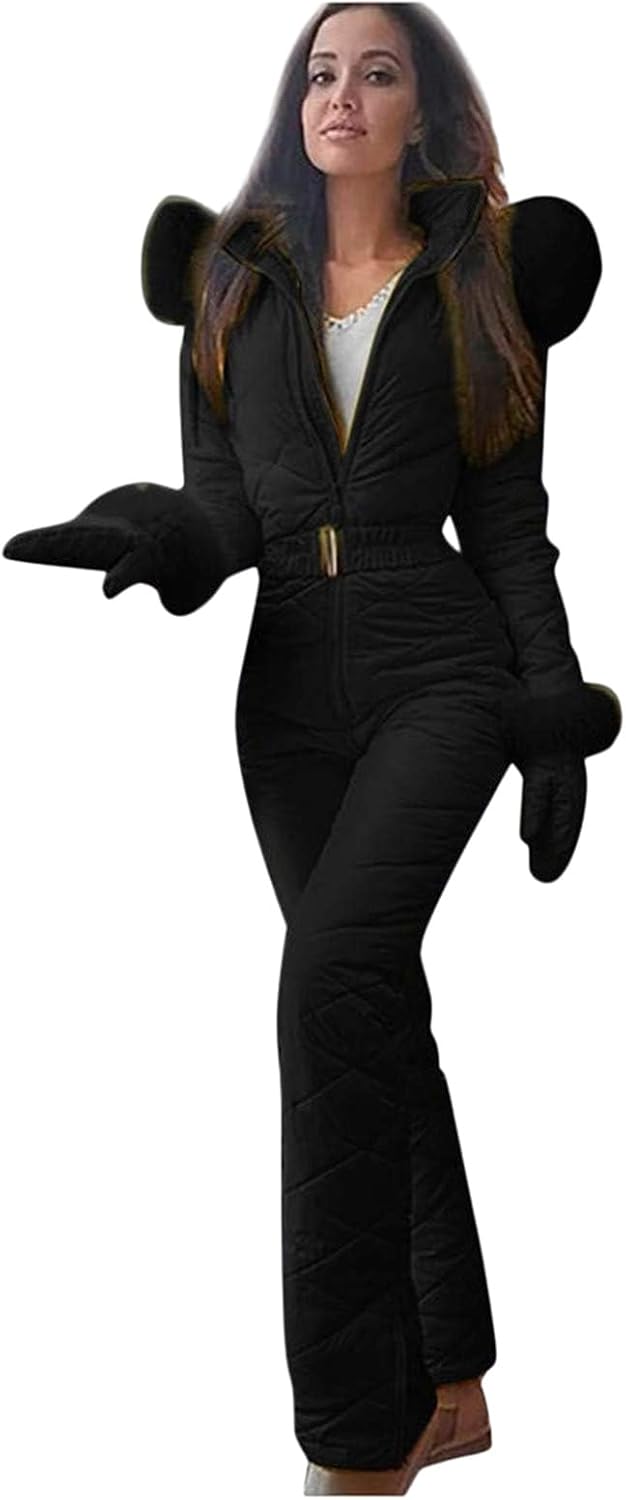 One Piece Snowsuit for Women Fur Collar Windproof Onesie Ski Suits Winter Outdoor Sport Waterproof Skiwear