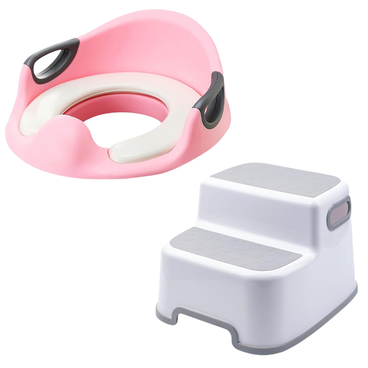 VIROSA Potty Training Seat and Step for Toilet – Adjustable Toddler Toilet Trainer Ladder with Handles & Backrest – Foldable Non-Slip Toilet Training Seat – Fits Round & Oval Toilets (Pink)