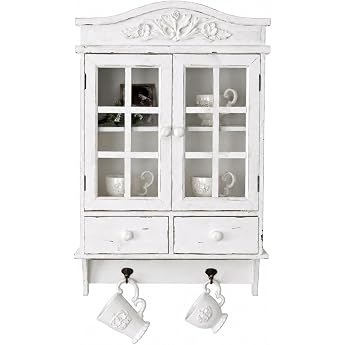 Palazzo Exclusive Villa Nostalgia Wall Cupboard - White Shabby Chic Wall Cabinet 67 x 45 x 18 cm with Glass Doors Drawers & Metal Hooks mxa021