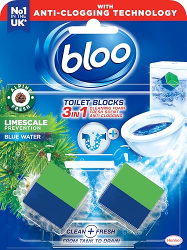 Bloo New 3in1 Toilet Blocks, Pack of 2, Toilet Limescale Remover Cistern Block, Toilet Cleaner Block with Cleaning and Foaming Action, Toilet Fresheners - Limescale Prevention