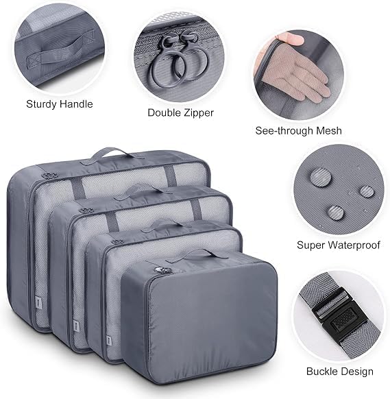 Image of Packing Cubes for Travel, 7-Piece Luggage Organizer Set with Shoe Bag & Laundry Pouch, Lightweight Compression Travel Organizers for Suitcases, Carry-On & Backpacks (SMOKE)