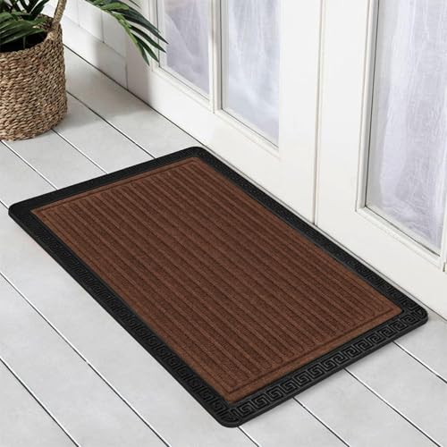 Image of Yellow Weaves 2 Pcs Door Mat for Home Entrance, Outdoor Rubber Mat - Non-Slip, Anti Skid Foot Mat, Dirt Trapper, Heavy-Duty, Weather-Resistant, Waterproof Doormat (40x60cms, Stripe,Brown Color)