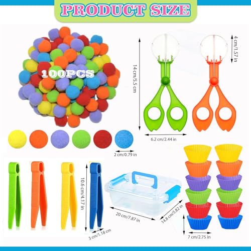 Image of 119Pcs Kid Tweezers fine Motor Skills Set,Helping Hands fine Motor Tool Set，Includes 100 Pcs Pompoms,12 Cups,4 Tweezers,2 Clips,1 Storage Box for Counting Sorting Training