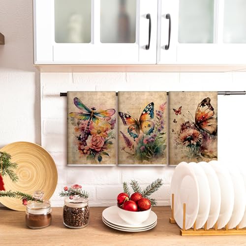 Image of Bencailor 6 Pcs Butterfly Flower Kitchen Towels Decorative Sets Dish Towels Absorbent Fast Drying Hand Tea Vintage Hanging Reusable Cleaning Dishcloths for Cooking Farmhouse Bathroom Accessory
