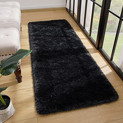 Fosirug Rugs For Bedroom 2X6 Feet Runner Rug For Living Room Ultra Soft Shaggy Carpet For Home Decor High Pile Fluffy Mat Faux Fur Rug For Bedside Nursery Kids Room College Drom, Black #TOP3