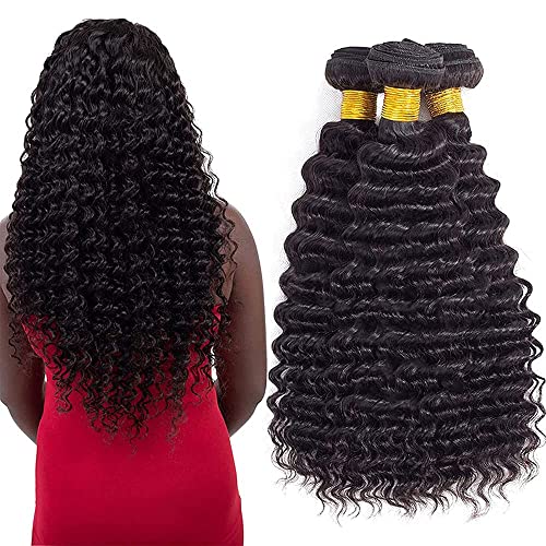 FASHION PLUS Brazilian Deep Wave 3 Bundles With Lace Closure, 8A 100% Unprocessed Virgin Human Hair Deep Curly Weave Bundles With Closure Natural Black (18/20/22 Inch)