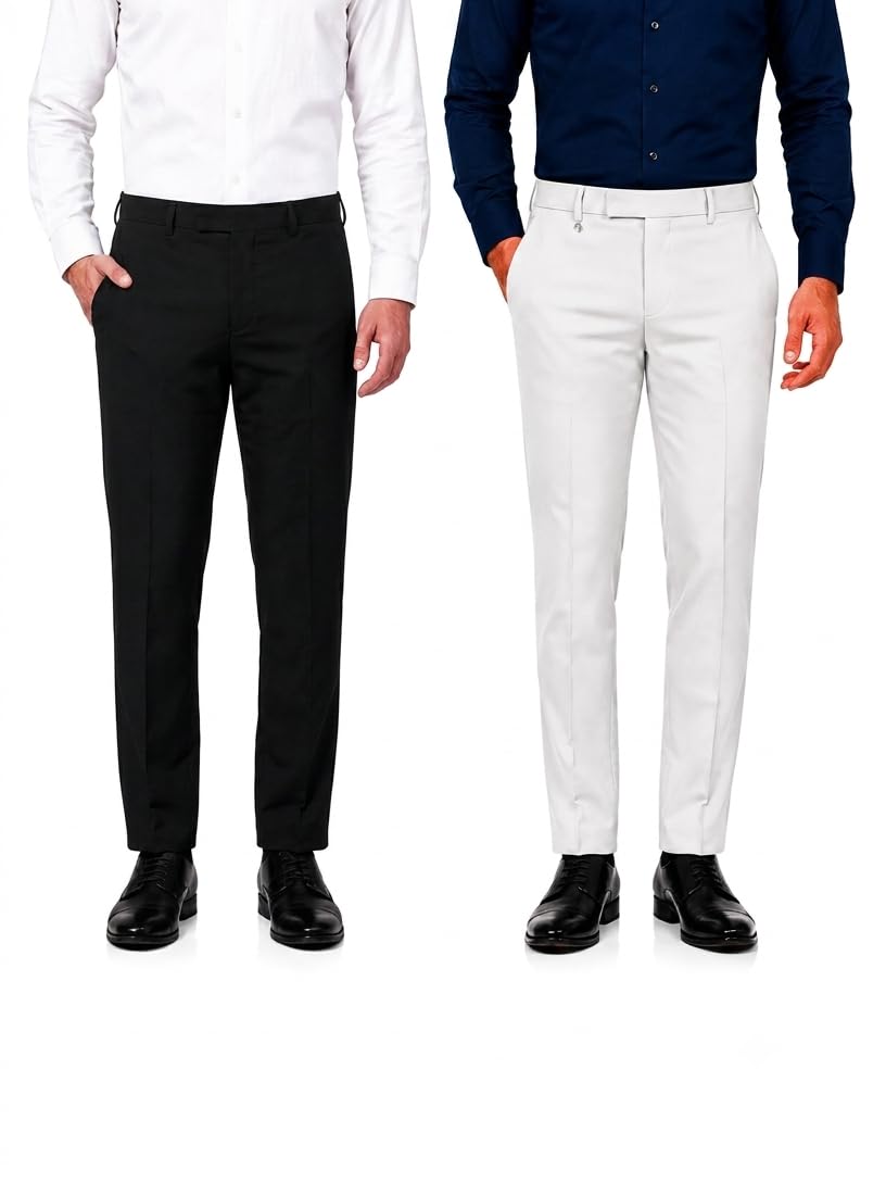 Men's Slim Fit Formal Trousers Combo Pack of 2 Black & White Office & Party-picture-31