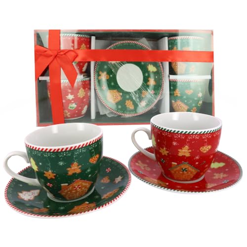 MA MAISON Linea Cookies in Ceramica Set Regalo Natalizio -Tazza Mug Teiera di Natale e Tazze da tè - per Bevande Fredde e Calde Fantasia Biscotti (4 Tazze + 4 Piattini - 210 cc) - 8 x 7h cm