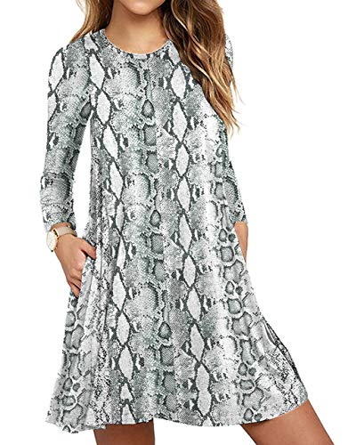 Women Long Sleeve Round Neck Floral Summer Casual Loose Dress Floral Snake White Medium