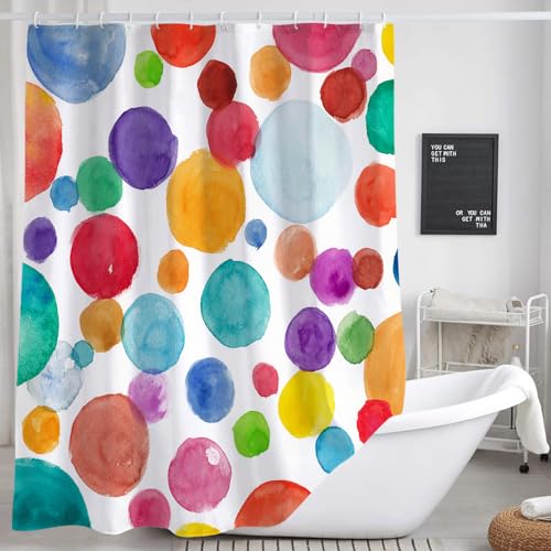 DYNH Colorful Polka Dot Shower Curtain for Kids Bathroom, Cute Rainbow Geometric Fabric Kid Shower Curtains Set, Bright White Girls Boys Childrens Restroom Decor Decorative with Hooks 72X 72 inch