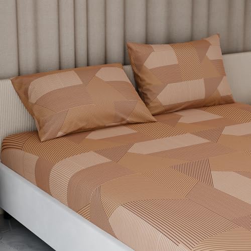 Image of BLISSHOME Everlast 150TC King Size Fitted Bedsheet with 2 Pillow Covers, Aesthetic Bedding, Wrinkle Resistant, 100+ Wash Durable, Quick Dry, Geometric Pattern - Gold (183cm x 198cm + 25cm Drop)