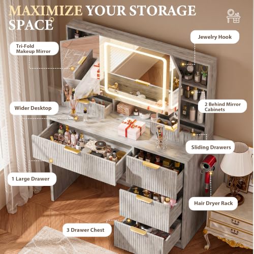 Image of COMHOMA Vanity Desk with 3-Way Mirror and Lights, Makeup Vanity with 360 View Mirror, 3 Lighting Modes, 6 Drawers,Storage Cabinet Fluted Wood Vanity Table with Jewelry Hook for Women Girls Gray