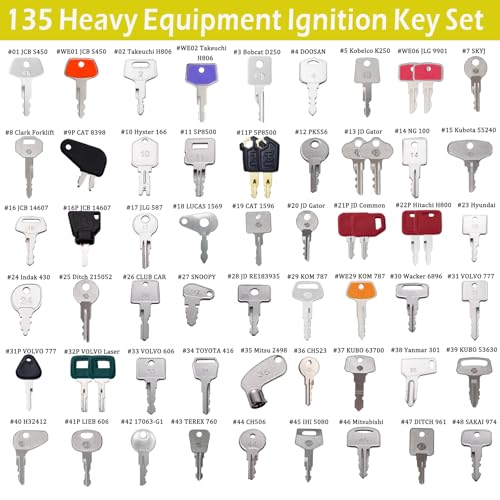 135PCS All-Inclusive Heavy Equipment Keys Master Set, Full Coverage Keys for JCB Bobcat JLG Terex Cat Komatsu John Deere Yammar Takeuchi Ford New Holland Case Daewoo Kubota Hyster Construction Machine
