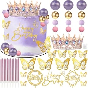 AMZVALU Corona Para Pastel, Crown Cake Topper, 3 Happy Birthday Cake Toppers, Balls Candles Butterflies Cake Decorations, Birthday Crown for Women Queen Princess (Rose Gold, Moonlight Purple)