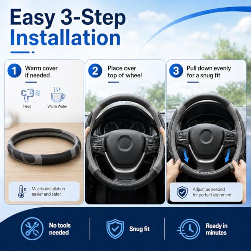 Image of Elantrip Sport Leather Steering Wheel Cover 14 1 /2 inch to 15 inch Universal, Padded Soft Grip Breathable for Car Truck SUV Jeep, Anti Slip Odorless Black and Gray