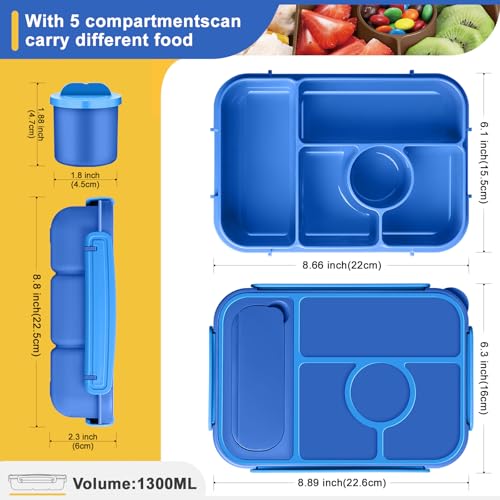 Amathley Brotdose Kinder mit Fächern,Bento Box Kinder,Brotdose Erwachsene,1300ML Lunchbox mit 5 Fächern und Saucenbehältern,Mikrowellen-und Spülmaschinenfest,BPA-Frei (Marineblau)