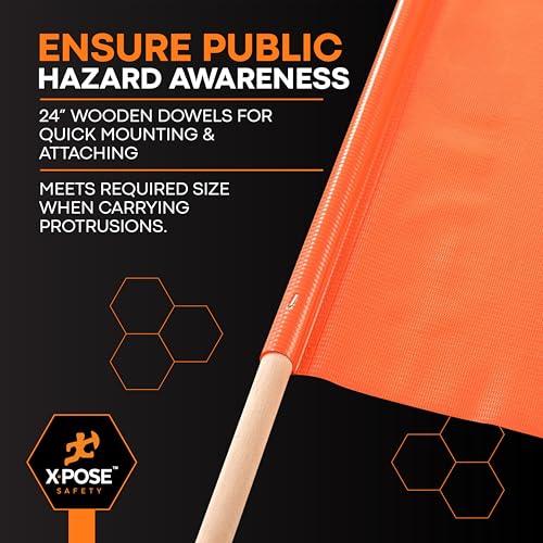 Image of Xpose Safety Orange Vinyl Safety Flags 18 inch x 18 inch with 24 inch Wooden Staff, 2 Pack - High Visibility Warning Flags for Road Work, Traffic Control, Parking Lots & Emergency Response