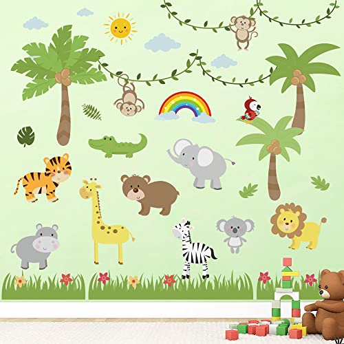 Supzone Jungle Animals Wall Sticker Tropical Animal Wall Decal Coconut Tree Elephant Monkey Lion Wall Decor For Kids Baby Diy Vinyl Mural Art For Nursery Bedroom Living Room Playroom #TOP4