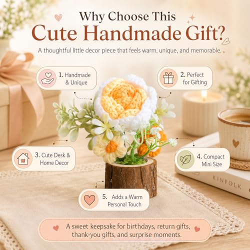 Image of Handmade Crochet Flower with Real Wood Base, 12 cm Yellow White & Green Artificial Knitted Rose Bouquet for Home Office Table Shelf Desk Decor, Bedroom Living Room Gift Decoration