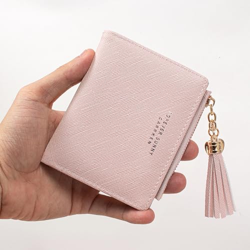Image of KOTORA Womens Small Wallet Girls Tiny Slim Wallets Pretty Mini Card Holder Thin Short Zip Coin Purse with Love Pendant and Tassels (Pink)