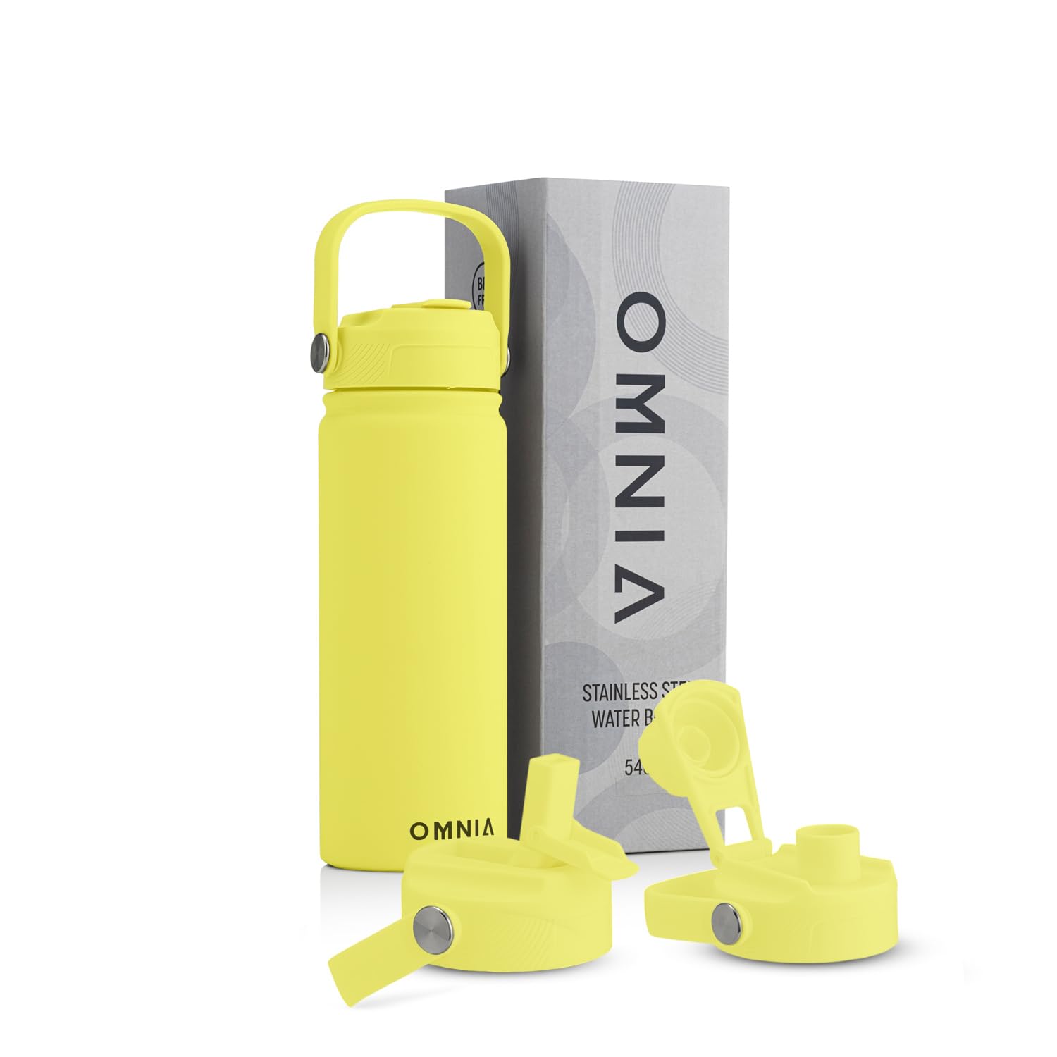 OMNIA NUTRIENTS Vacuum Insulated Stainless Steel Water Bottle, 2 Lids (Straw & Spout) Leakproof, BPA-Free, Reusable Flask Ideal for Travel and Outdoors (Mellow Yellow - 540 ml)