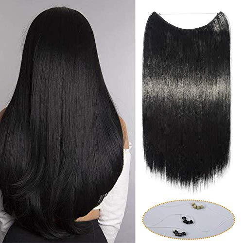Silk-co One Piece Wire in Hair Extensions Jet Black 20in Long Straight Hairpiece No Clip Synthetic Hair Wire on String