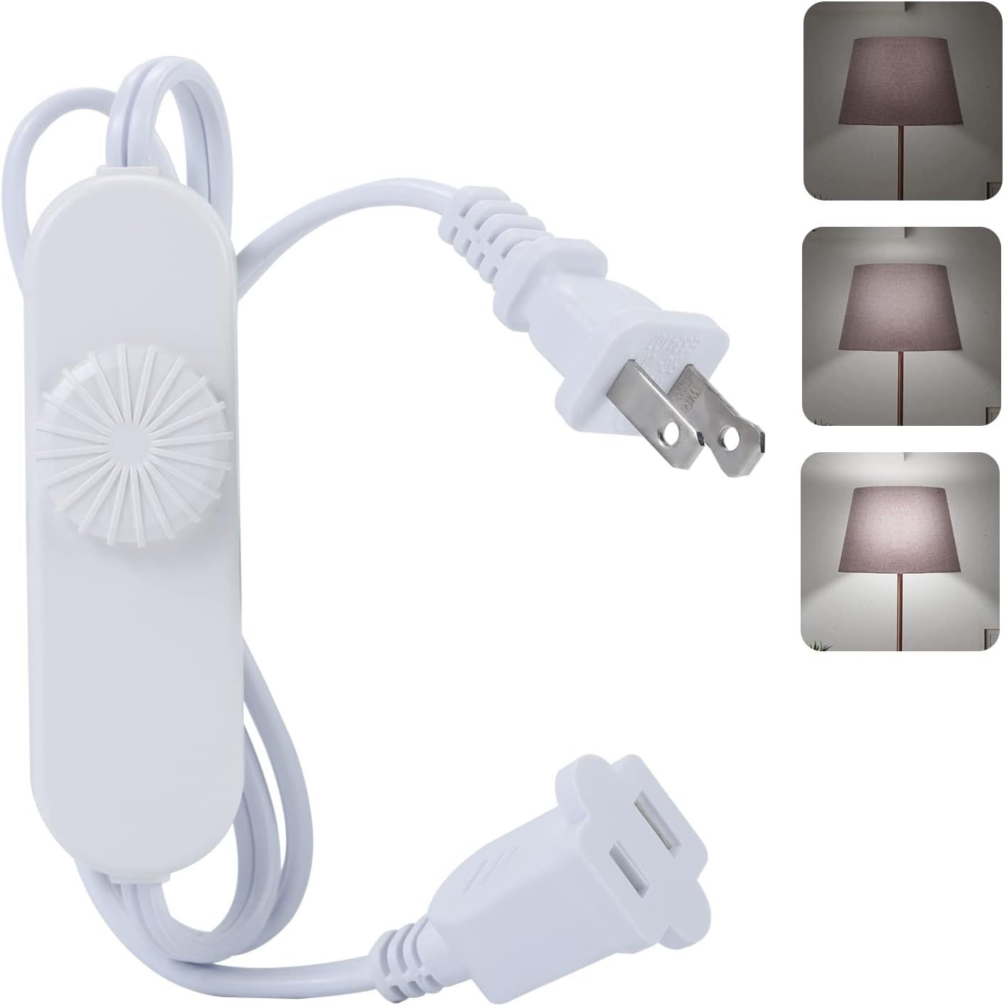 Lamp Dimmer Switch, White Inline Cord Switch Replacement, Full Range Plug in Dimmer for Table Lamp, Floor Lamp, Pendant Light, Rotary Switch Works with Dimmable LED, Incandescent, Halogen Bulbs