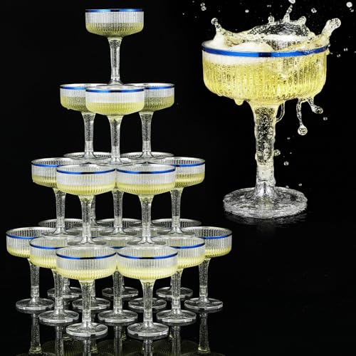 Set of 24 Champagne Tower 7 oz Plastic Coupe Glasses, Sparkle, Blue