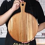 Acacia wood cutting board with handle, round bamboo cutting board for kitchen decoration, large deli board, serving tray for meat, cheese, bread, pizza board
