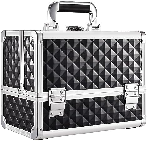 Joligrace Makeup Box with Mirror 3-Tray 11.6-Inch Makeup Train Case with Brush Holder Lockable Portable Storage Organizer Large Black