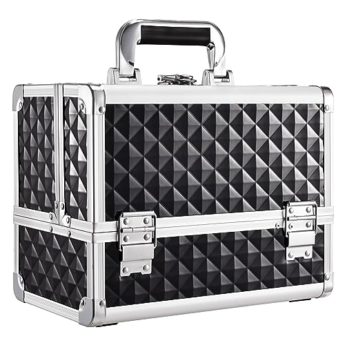 Joligrace Makeup Box with Mirror and Brushes Holder 3 Trays Vanity Case for Women Beauty Box Make Up Case Organiser, Black