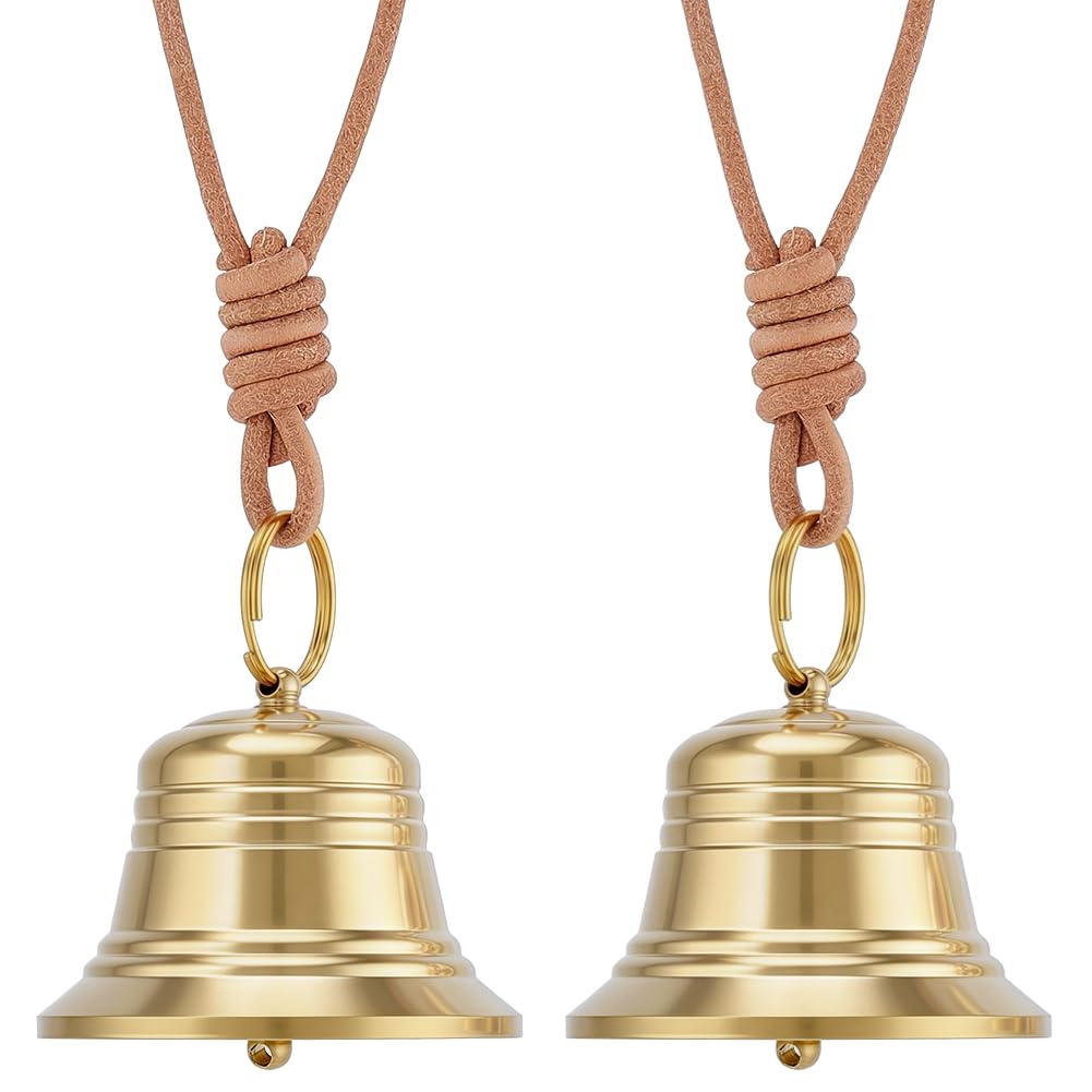 AHANDMAKER 2 Pack Brass Hanging Bell for Door Knob, Vintage Golden Bells with Hanging Rope Small Shopkeepers Bell for Door Opening Doorknob Ornaments for Home Garden Weddings Christmas Decorations