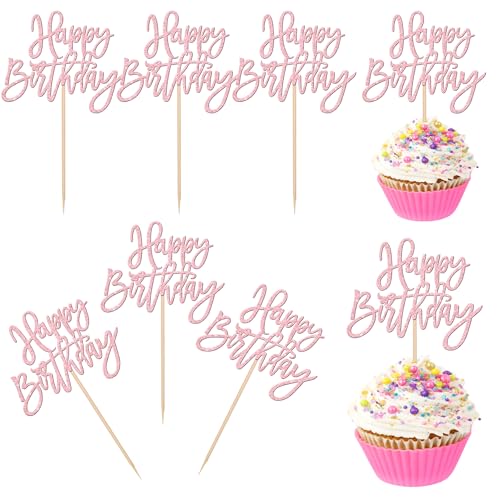 24 PCS Happy Birthday Cupcake Toppers Glitter Picks for Celebrating Anniversary Theme Party Cake Decorations Supplies Light Pink
