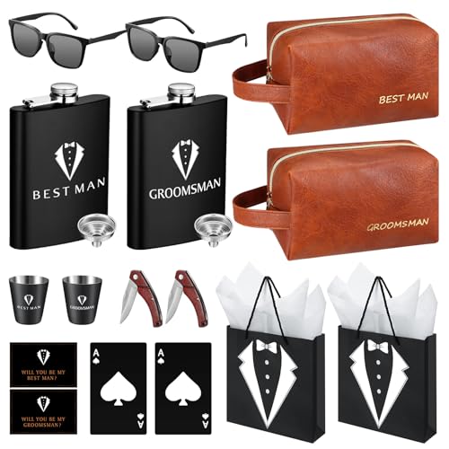 20Pcs Groomsmen Gifts Groomsmen Proposal Box with Flasks Sunglasses PU Leather Toiletry Bag Bottle Opener for Wedding Groomsman Best Man Gift (2, Brown)